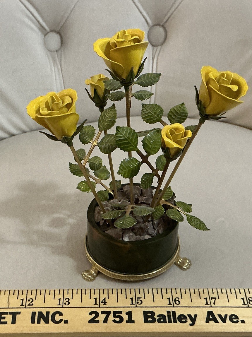 Enamel on Copper Yellow Potted Roses On Footed Base Vintage.