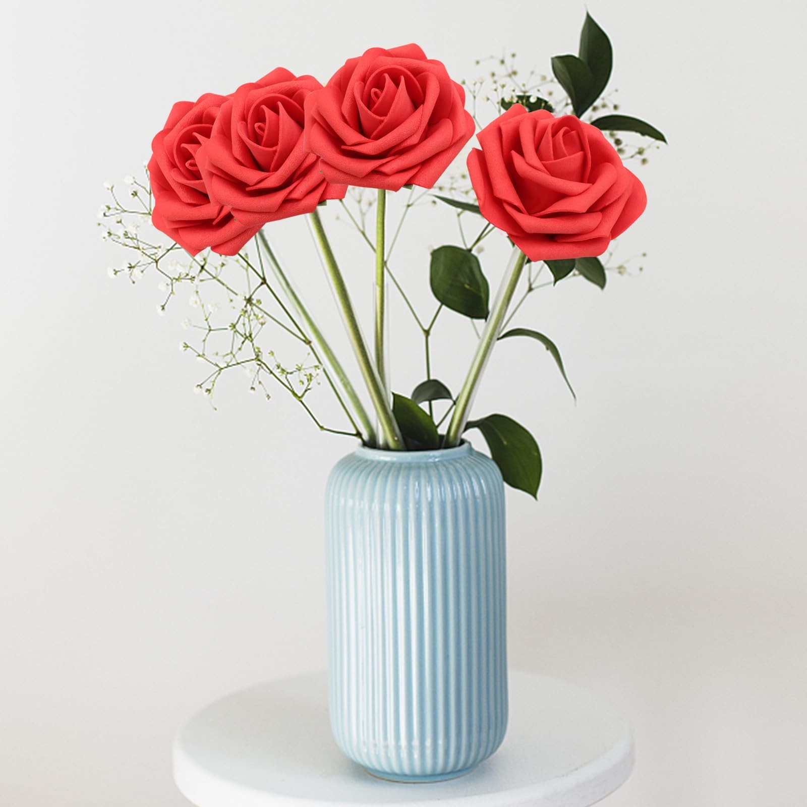 50 PCS Red Real Looking Foam Fake Roses with Leaves for DIY Wedding Bouquets