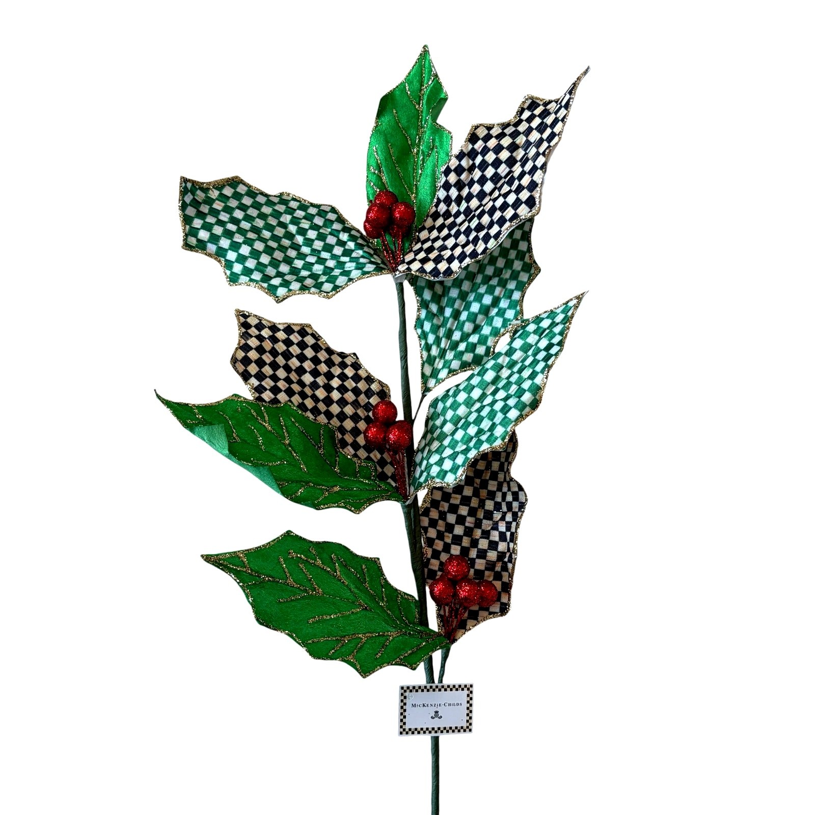 NEW Mackenzie-Childs Check It Out Holly Leaf Spray 22in Christmas Holiday Decor