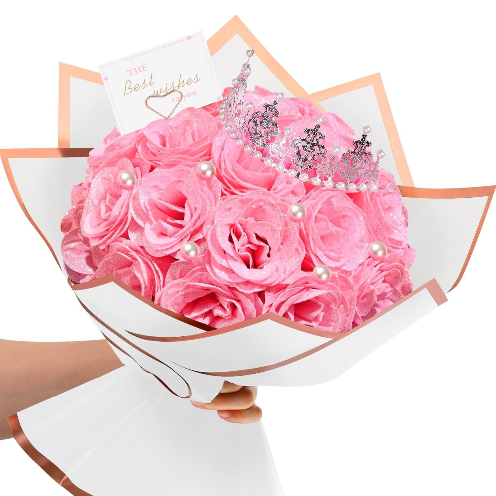 Glitter Roses Bouquet,24 Pcs Pink Flower Bouquet,Gifts for ,DIY Artificial Fl…