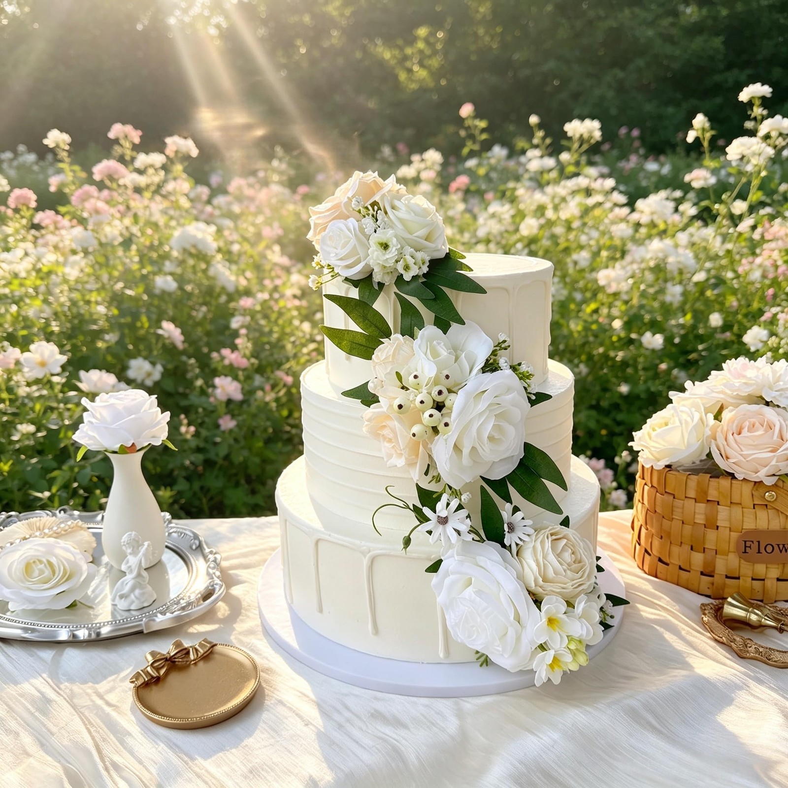 Pre-Made Ivory White Champagne Artificial Cake Flowers Set Silk Roses DIY Cak…