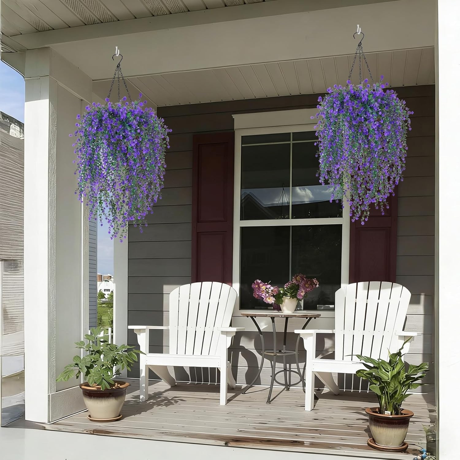 2 Set Artificial Flower Hanging Baskets for Outdoors, UV Resistant Purple