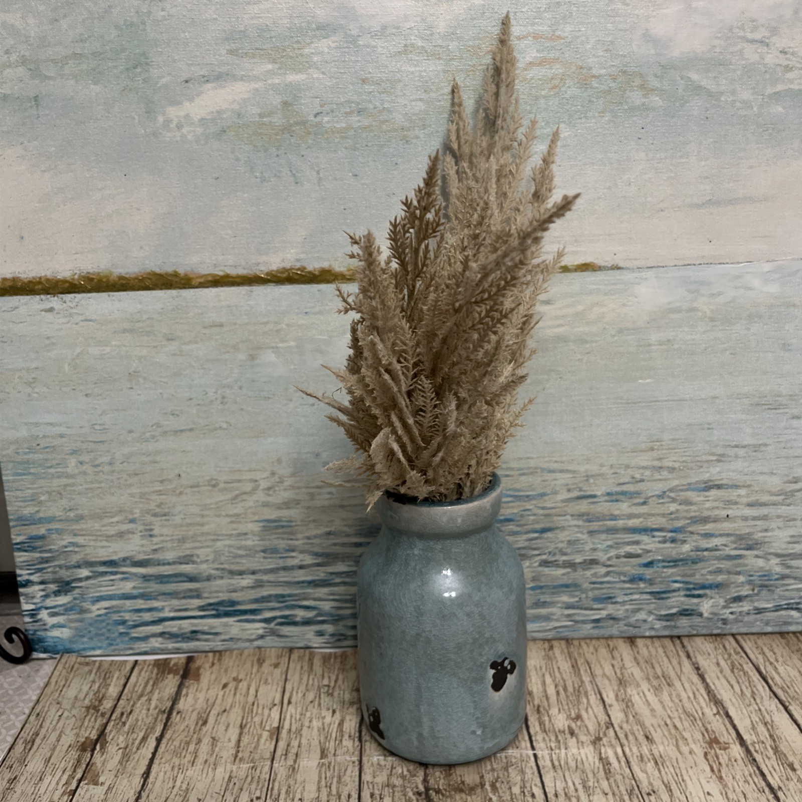 Blue Vase Distressed With Artificial Pampas Grass Arrangement Beige Coastal