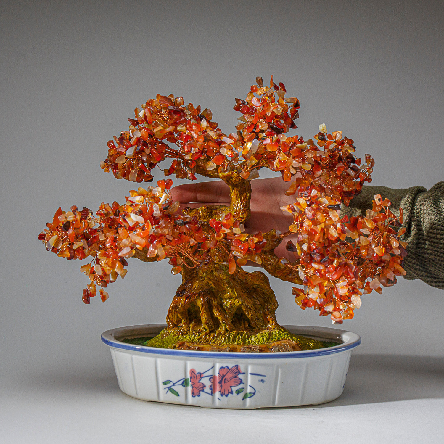 Genuine Carnelian Bonsai Tree in Oval Ceramic Pot (11” Tall)