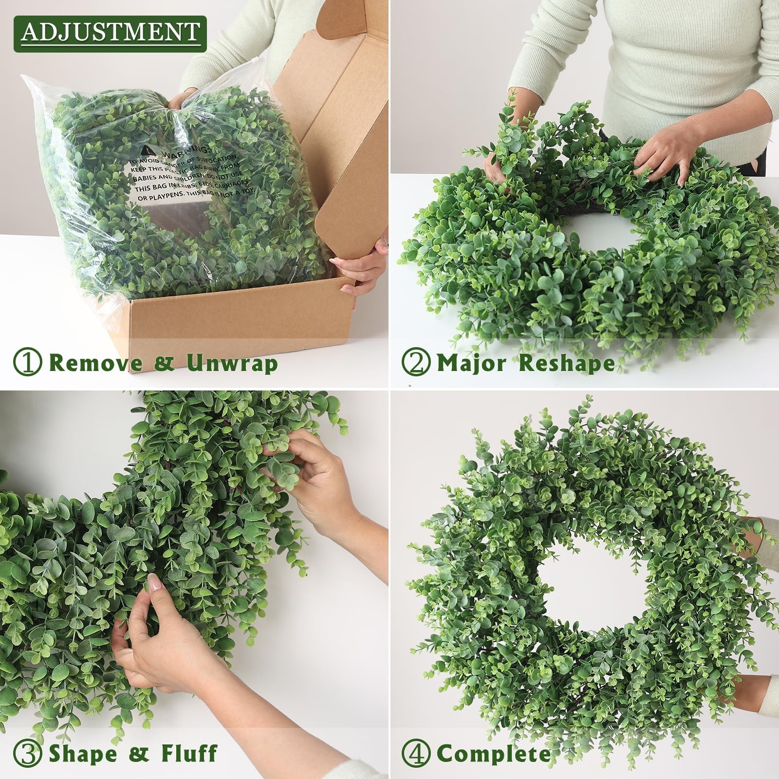 24″ Soft Textured Eucalyptus Wreath – Realistic Faux Greenery for Home Decor, Fr