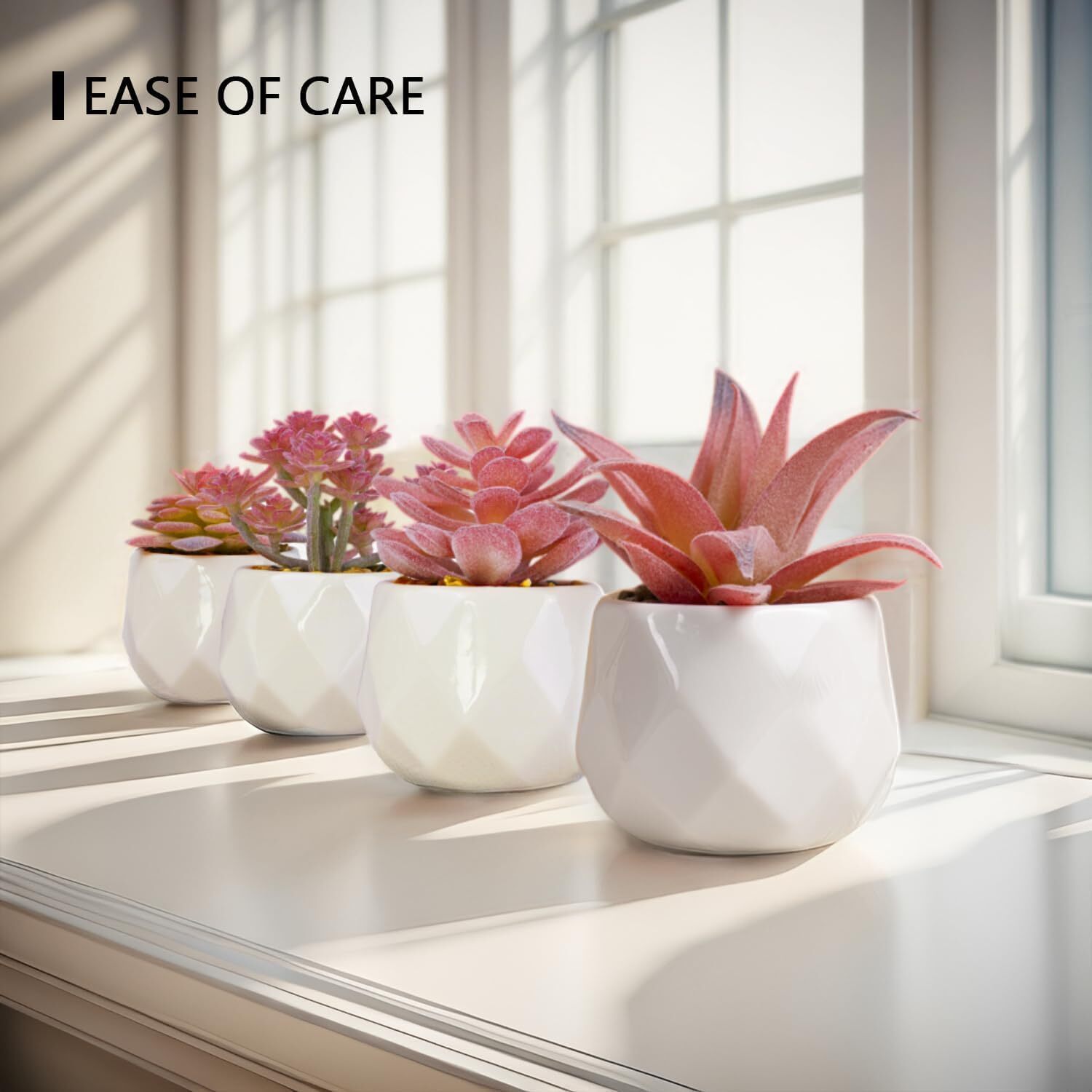 Mini Succulents Artificial Plants 4 Pack Rose Pink White Ceramic Pots Small