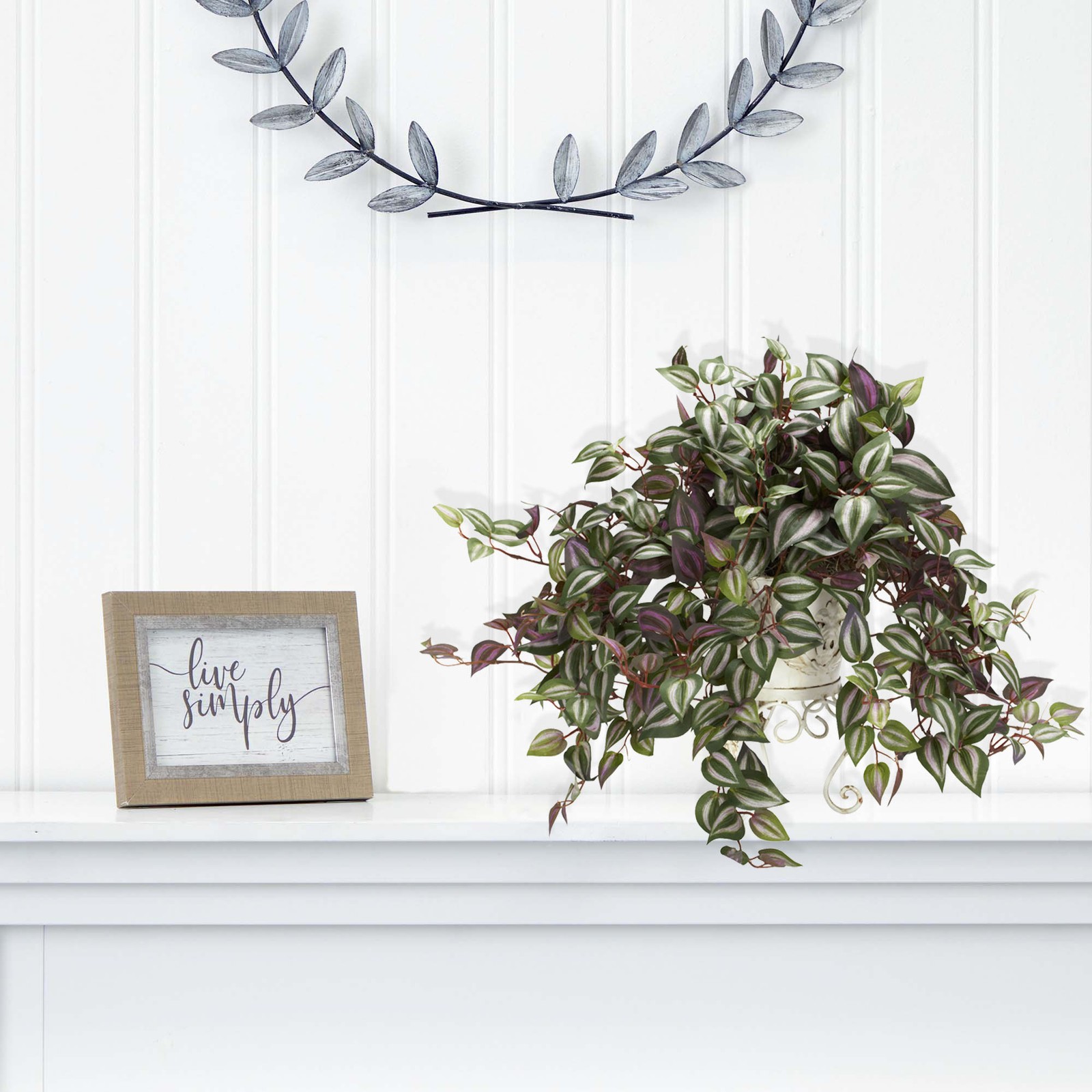 Nearly Natural Wandering Jew with Metal Planter Silk Plant in Green