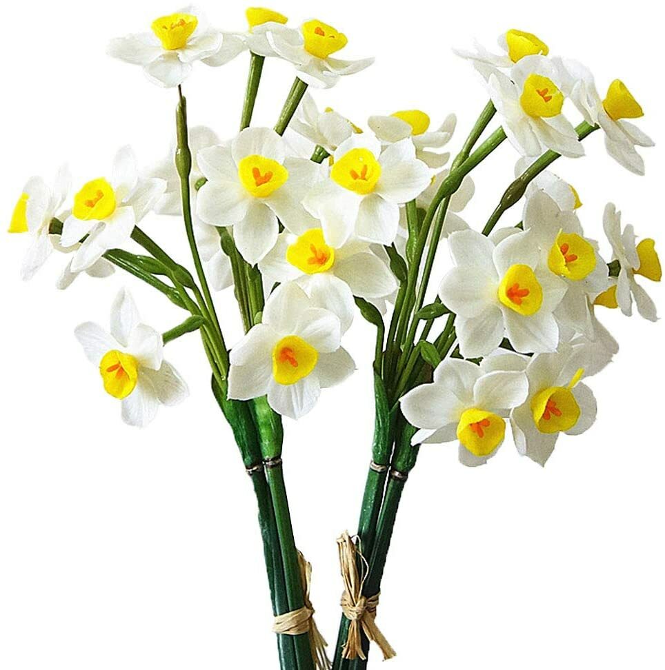 2 Bunches Latex Artificial Daffodils Bulbs Flowers Bouquet White