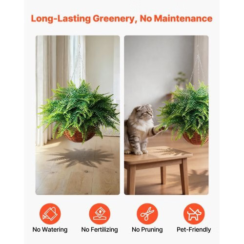 Artificial Ferns, 2 Pcs Fake Hanging Boston Fern Bush Plant with 23 Inch Hanging