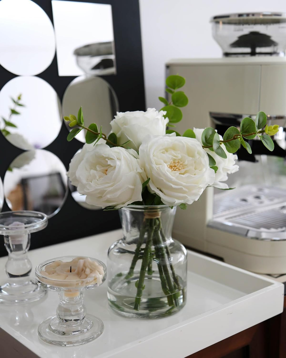 Artificial Flowers with White Roses in Vase, Fix Lifelike Fake Flowers in Vase w