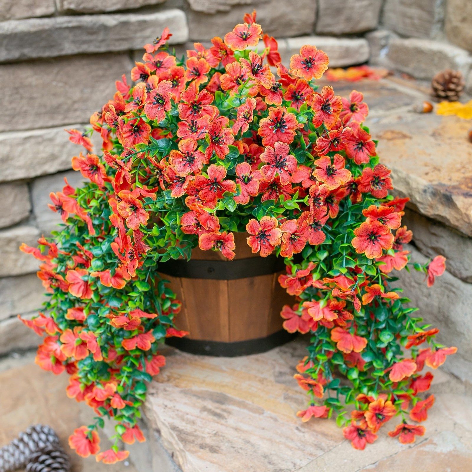 Fall Artificial Mums & Eucalyptus Hanging Decor – 2Pcs Orange Daisy Silk Flowers