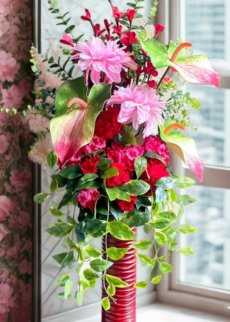 Tropical Red Pink Centerpiece Tall Oasis Living Dining Room Decor Bedroom Accent