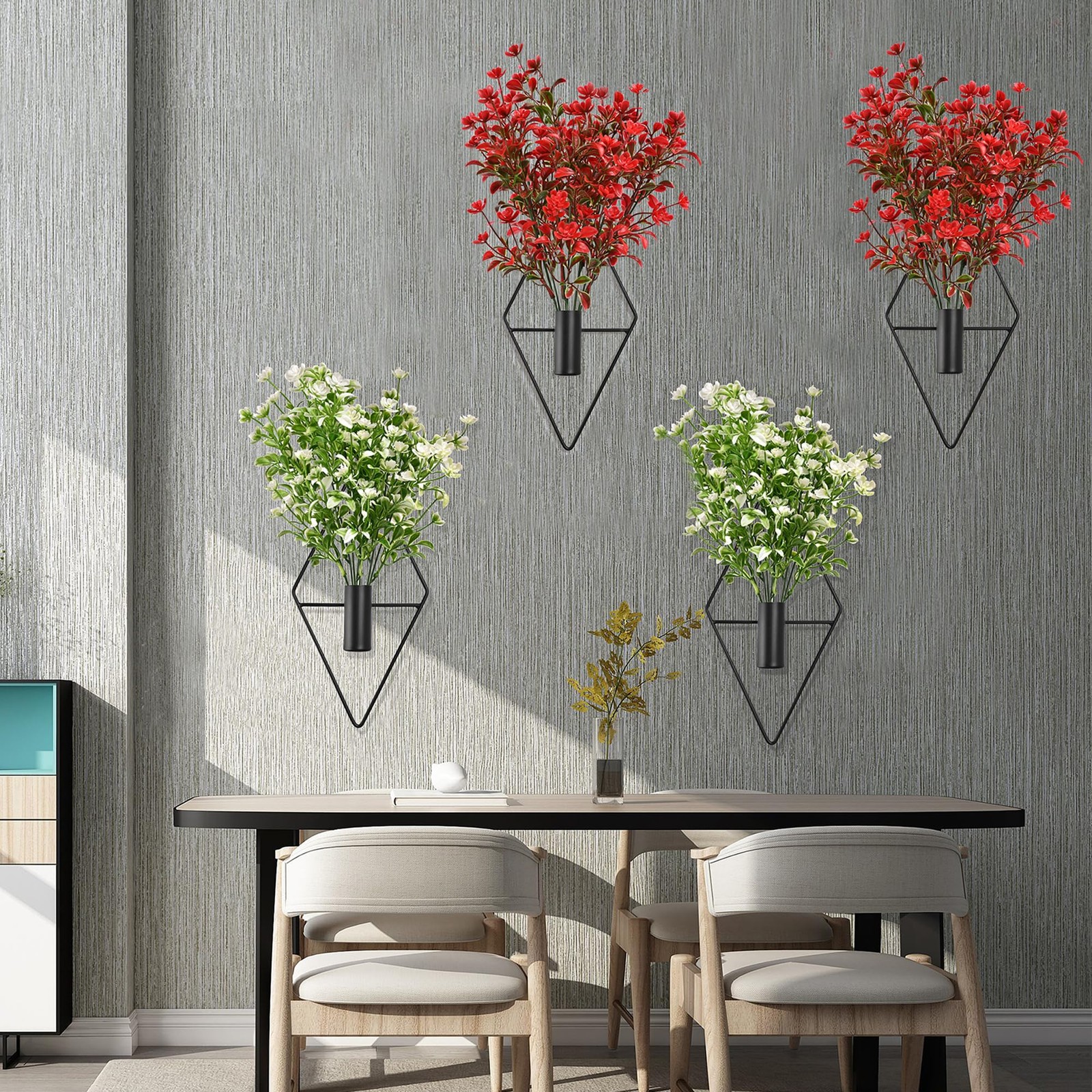 Plant Wall Decor with Red Artificial Flowers in Diamond Hanging Vase Set of 2…