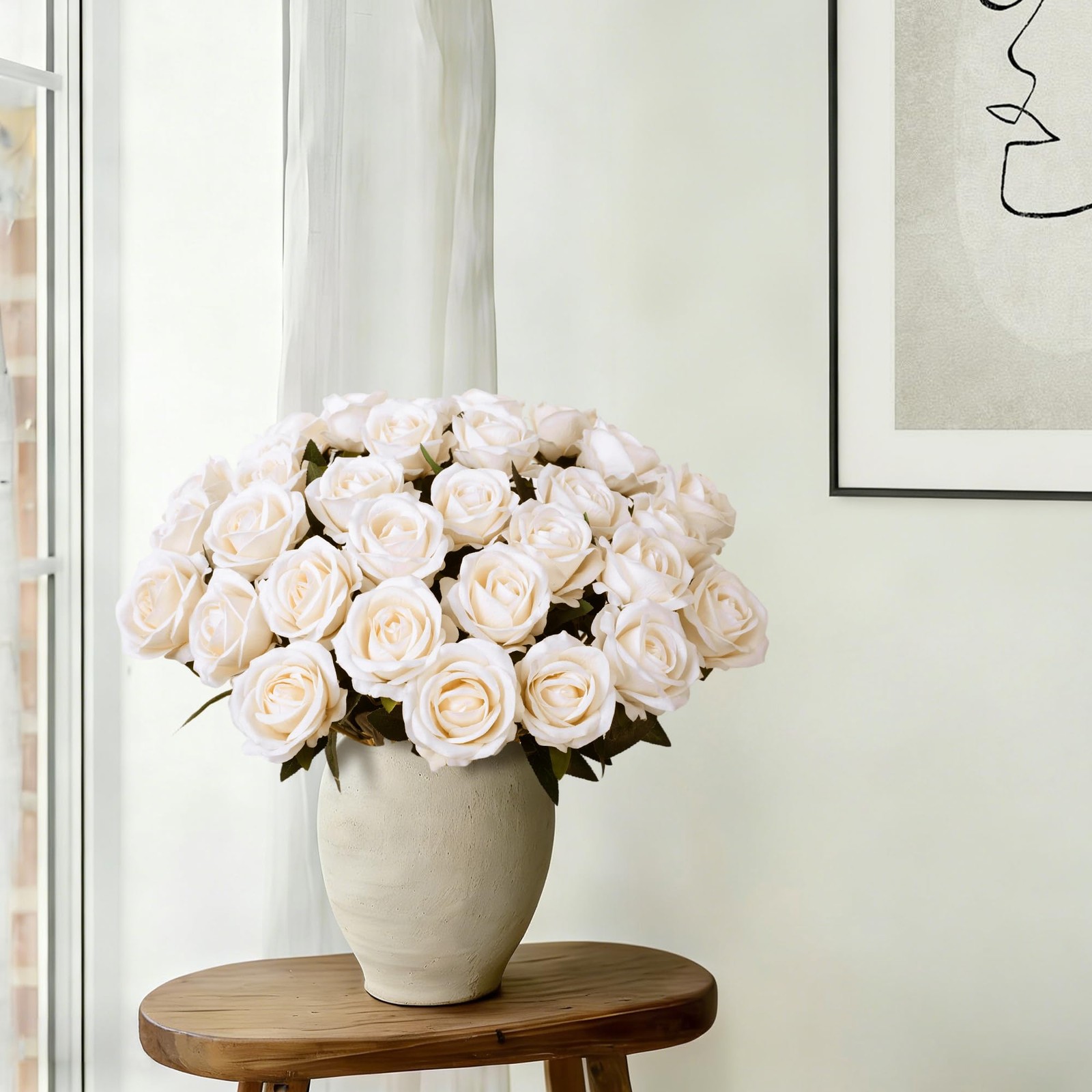 50 PCS Champagne Roses Artificial Flowers with Long Stems
