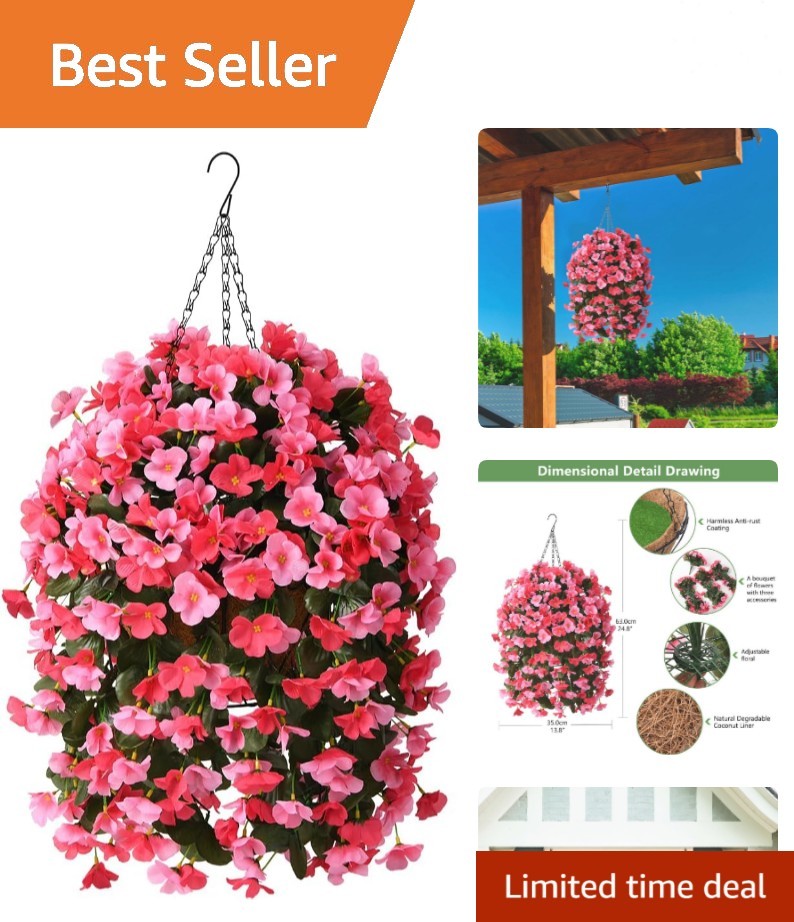Low Maintenance Hanging Flower Basket – 4 Silk Begonias for Outdoor Elegance