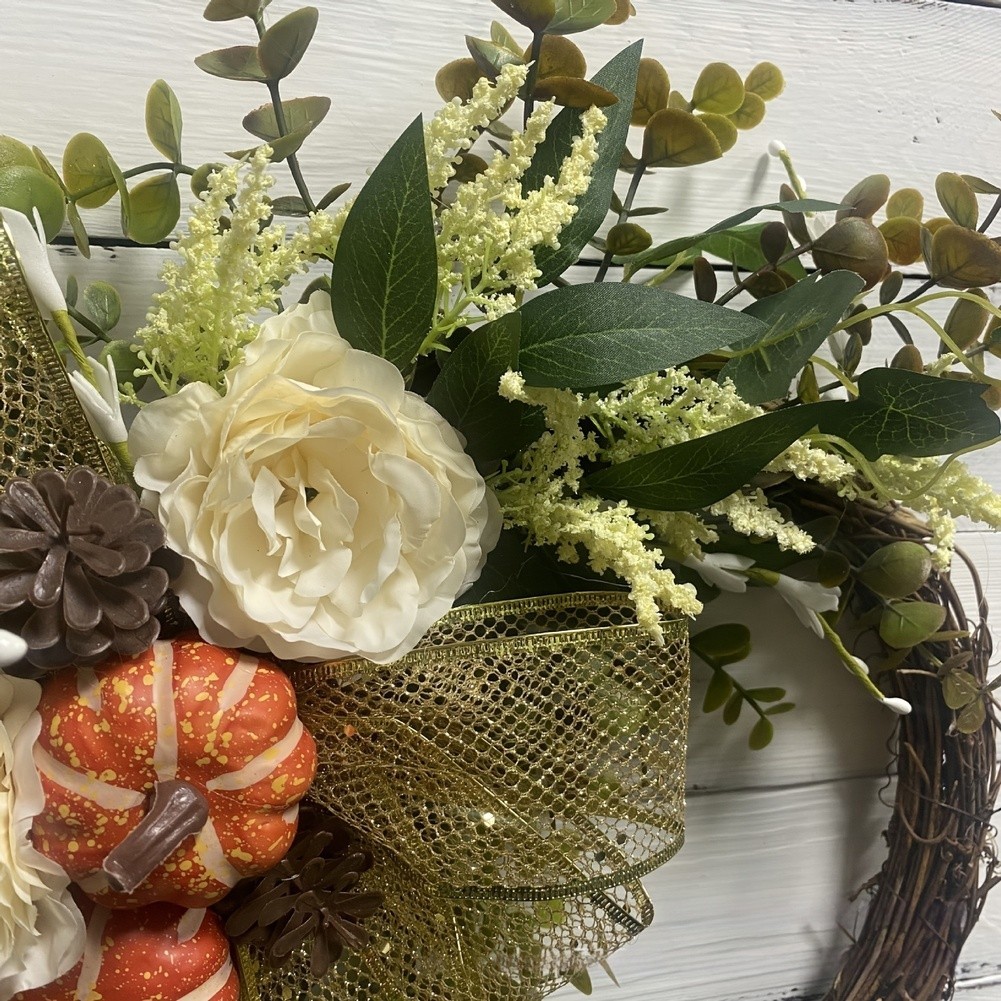 Autumn Wreath with Pumpkin Maple Leaf Eucalyptus Berries for Indoor Outdoor Use