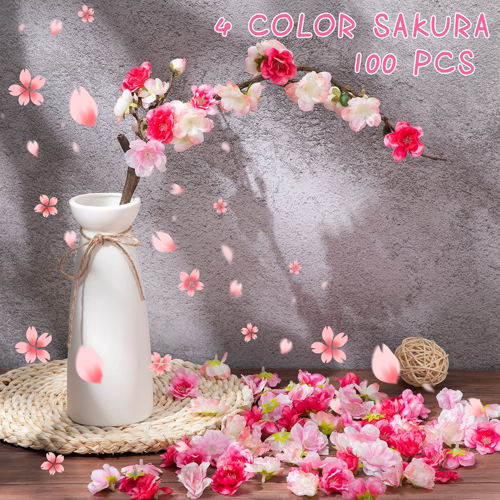 100 PCS Artificial Cherry Blossom Heads Bulk Faux Silk 1.5 Inch 4 Colors