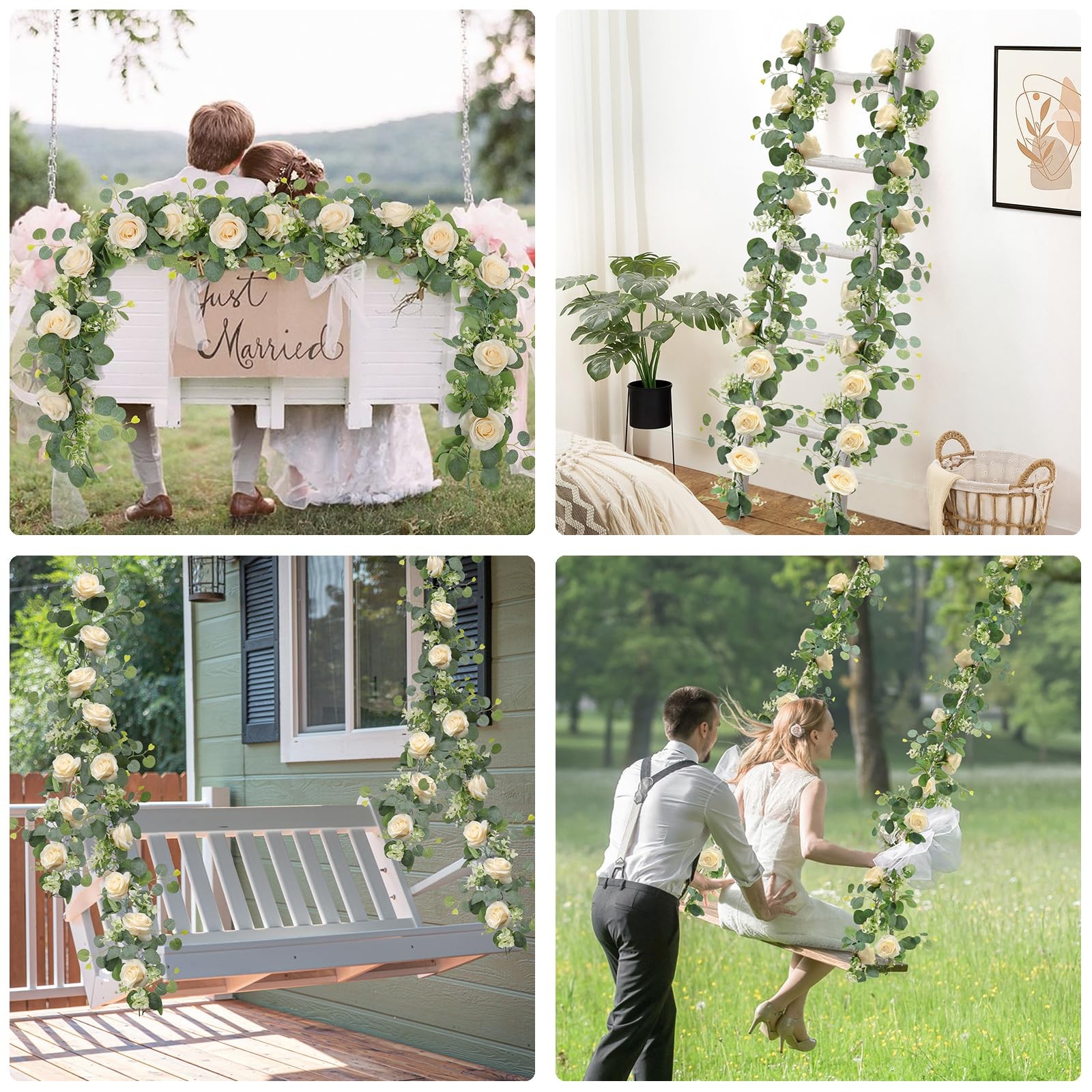 4Pcs(26 Ft) Artificial Eucalyptus Flower Garland with Champagne Rose Flowers,…