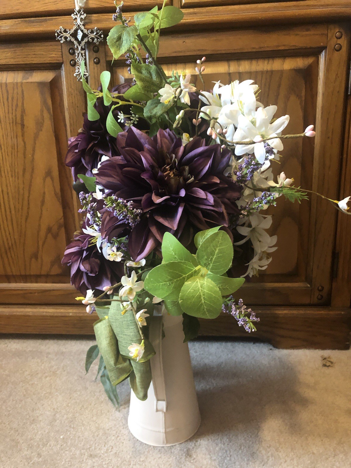 Floral Centerpiece/Side Table Decor, 26” Tall By 18” W Maroon Purple,Grn, White