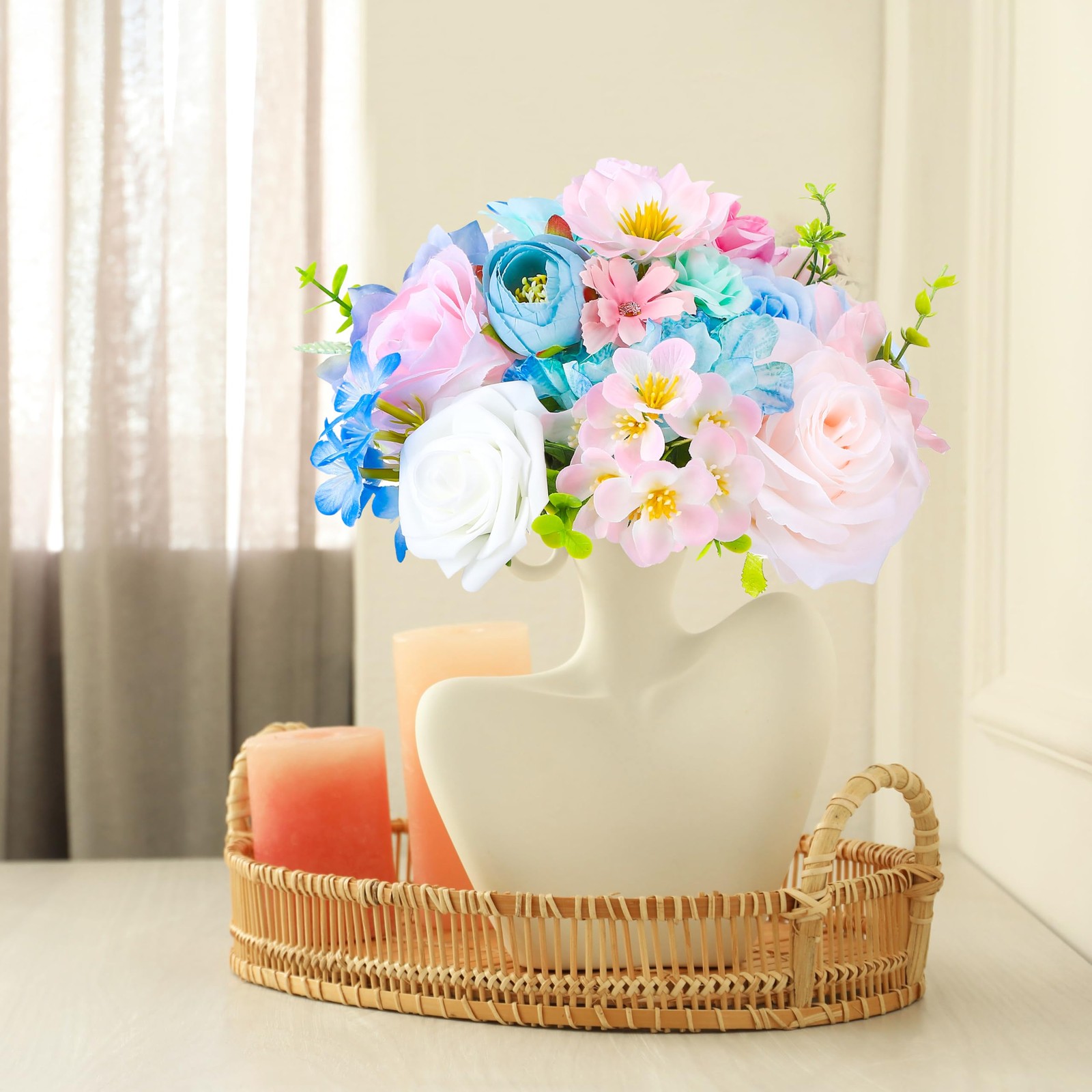 Blue, Pink, Green Artificial Flowers Combo Box Fake Silk Roses with Stems Hyd…