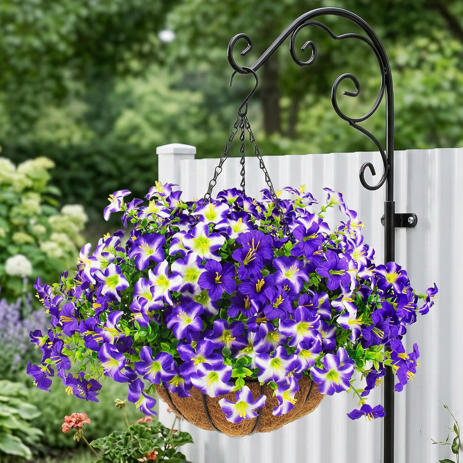 Artificial Petunias Flowers Set with Hanging Baskets UV Resistant Faux Purple