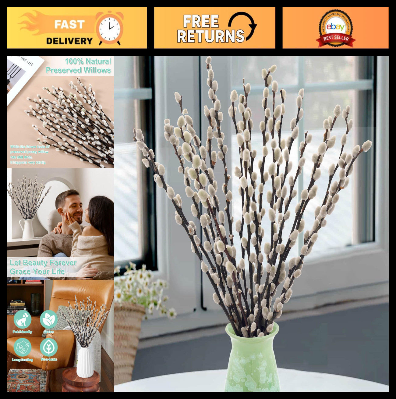 20 Stems Dried Pussywillow Branches – Natural Greenery for Vase, Wedding & Home