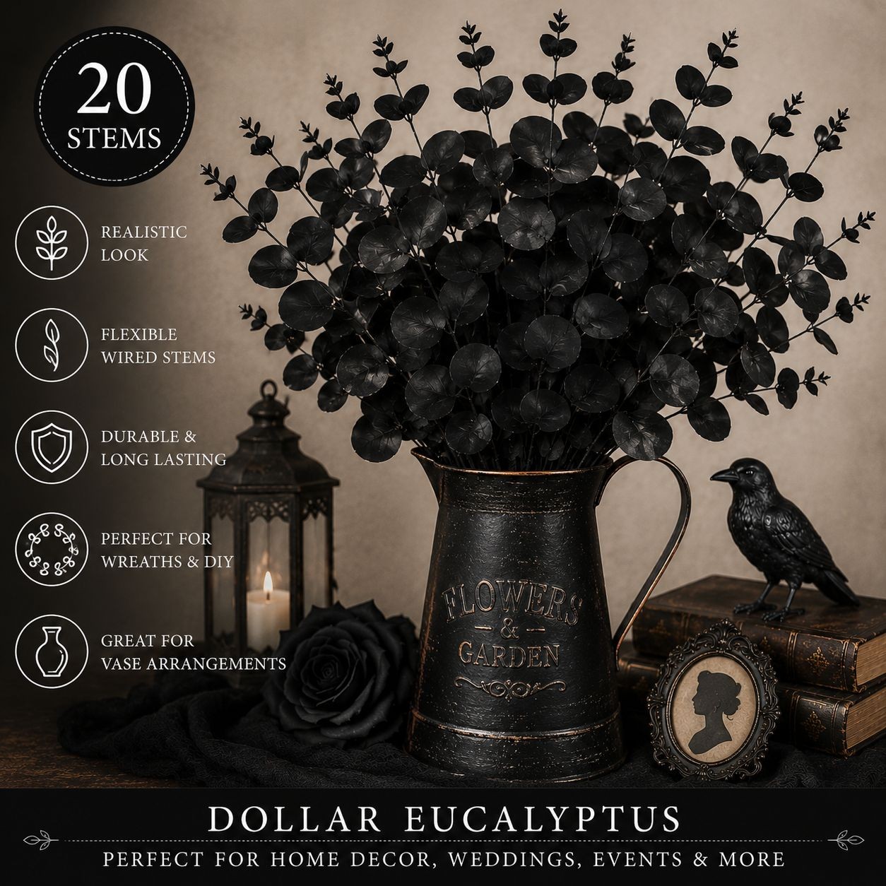 20 Black Dollar Eucalyptus Stems 12 Inch Faux Eucalyptus Picks Gothic Wedding Gr
