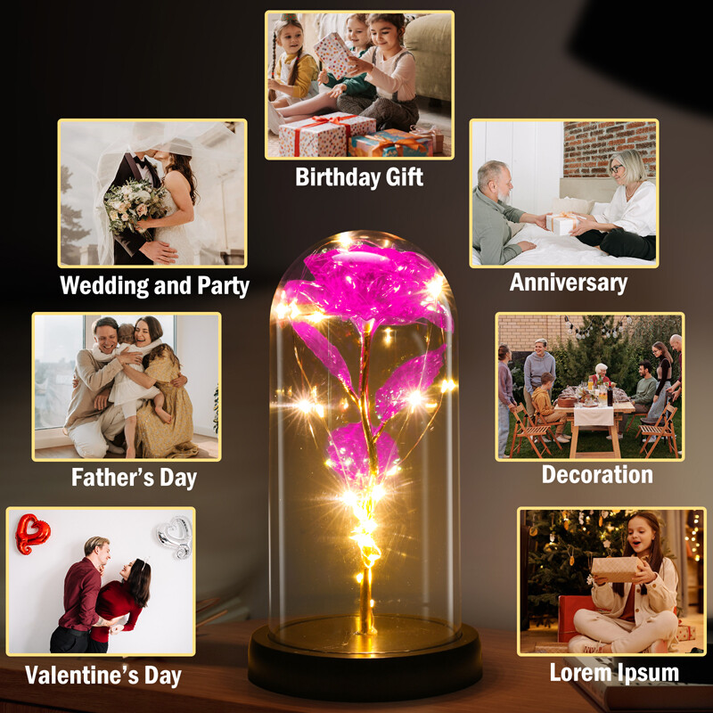 24k Gold Plated Dipped Rose Flower In Glass Dome Romantic Gift Love For Mom Girl