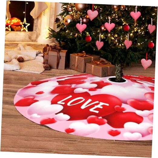 Valentine’s Day Tree Skirt 48 Inch ，Heart Suede Tree Skirt for 48inch Pink