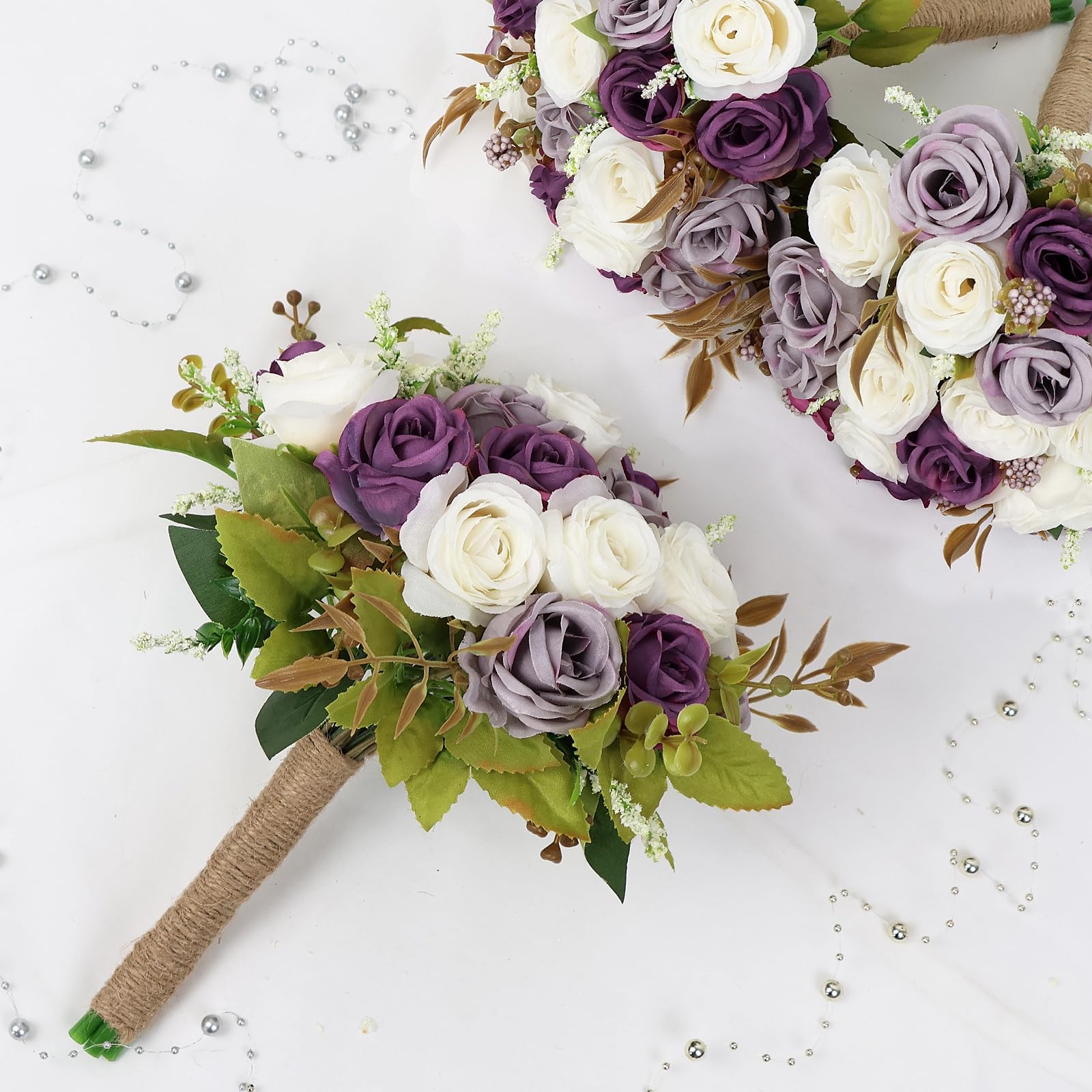 Set of 4 Bridesmaid Bouquets for Wedding – 7 Inch Artificial Ivory Flower Bou…
