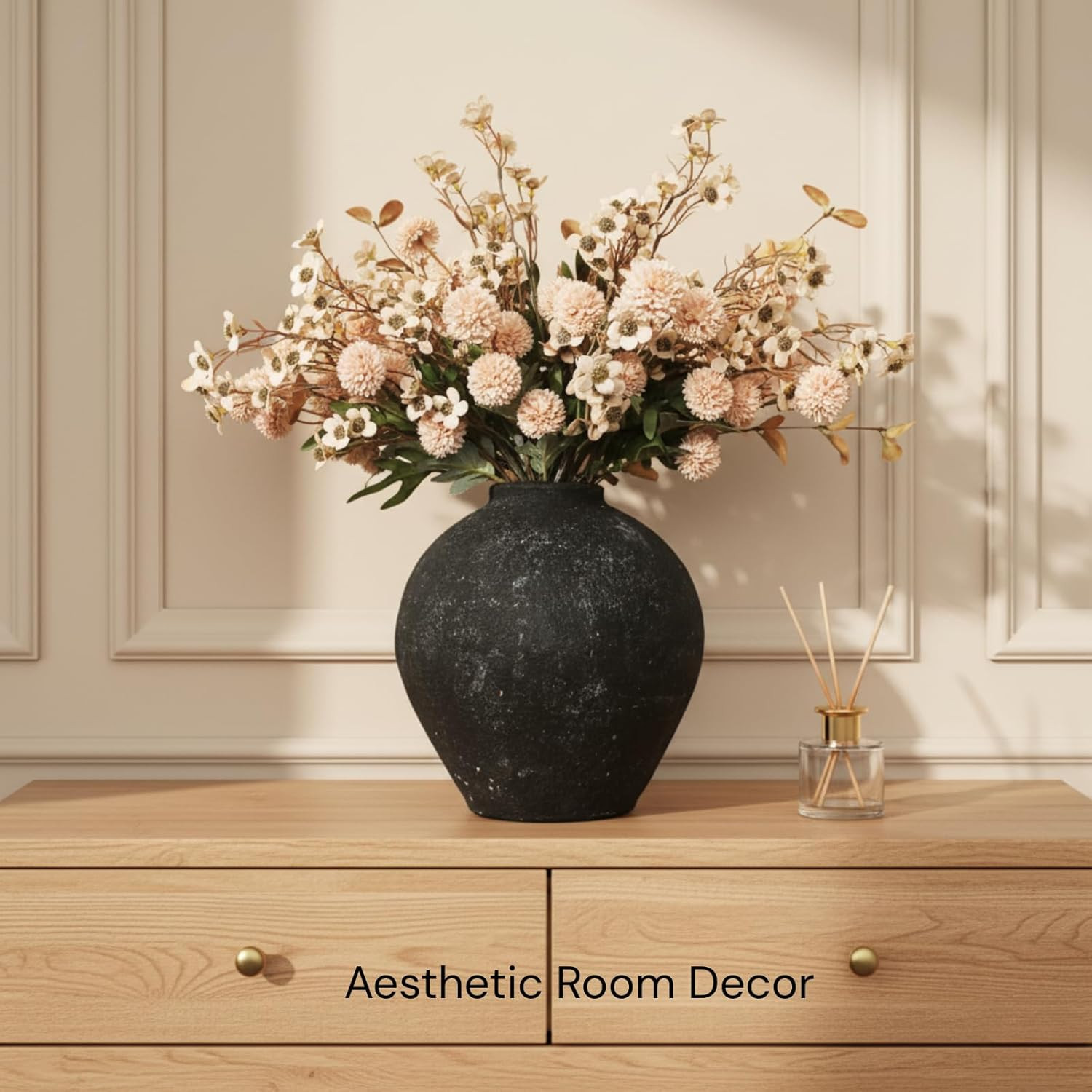 Beige Faux Silk Flowers in Rustic Black Vase for Modern Farmhouse Decor