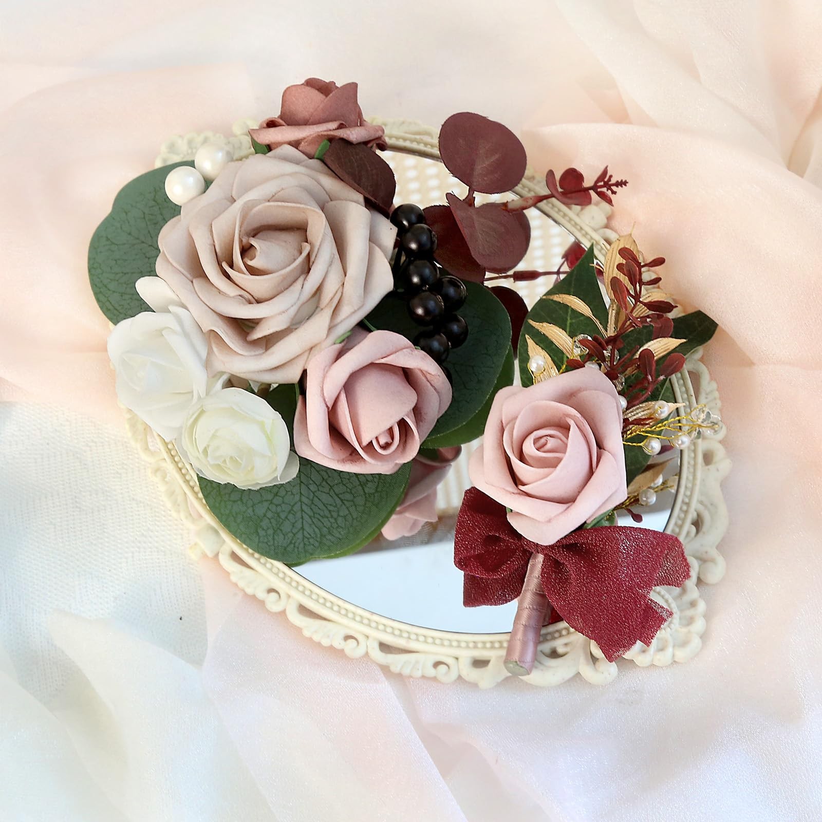 2 PCS Dusty Pink Rose Wedding Corsage Boutonniere Set Wristlet Prom Decor