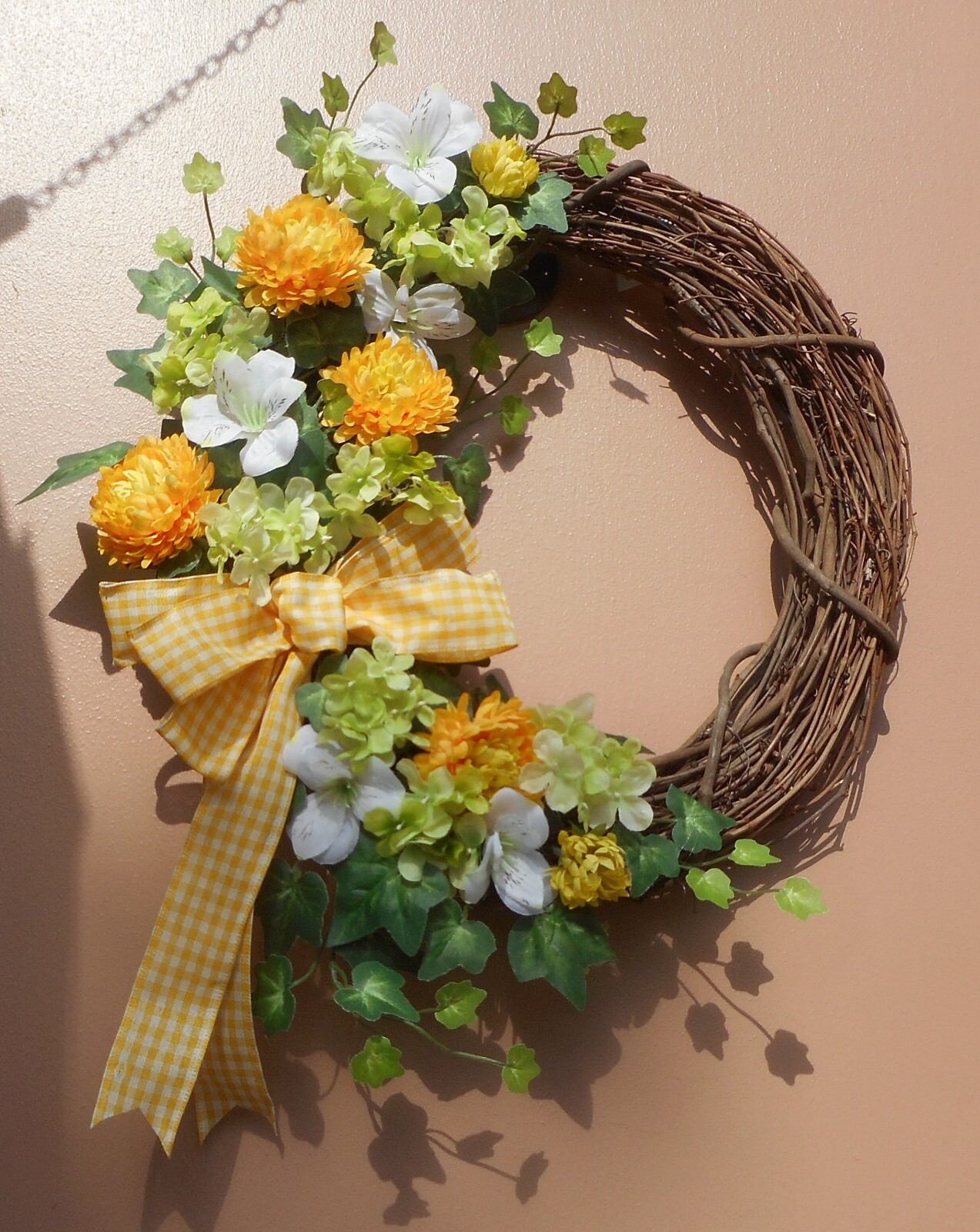 17″ Yellow Mum Green Hydrangea White Floral Spring Summer Grapevine Door Wreath