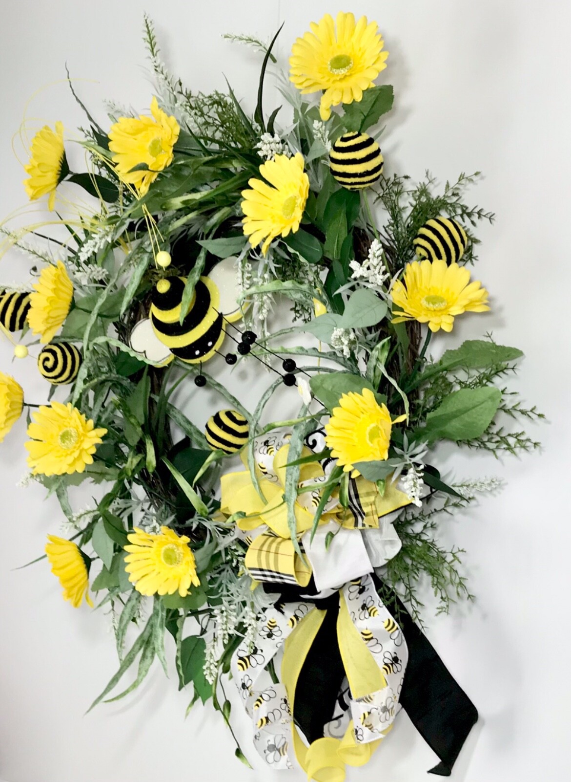 LARGE BRIGHT SPRING SUMMER BEE GRAPEVINE DOOR WREATH YELLOW FLORAL DECOR GIFT