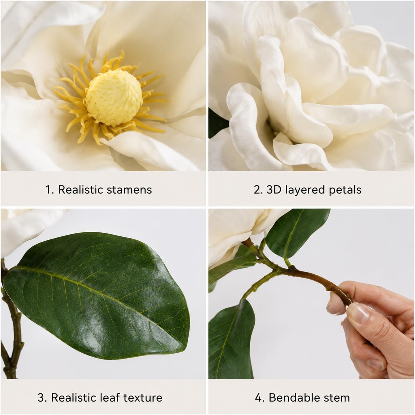 3 Stems Faux Magnolia Flowers, Magnolia Fake Flowers, Real Touch Creamy White…
