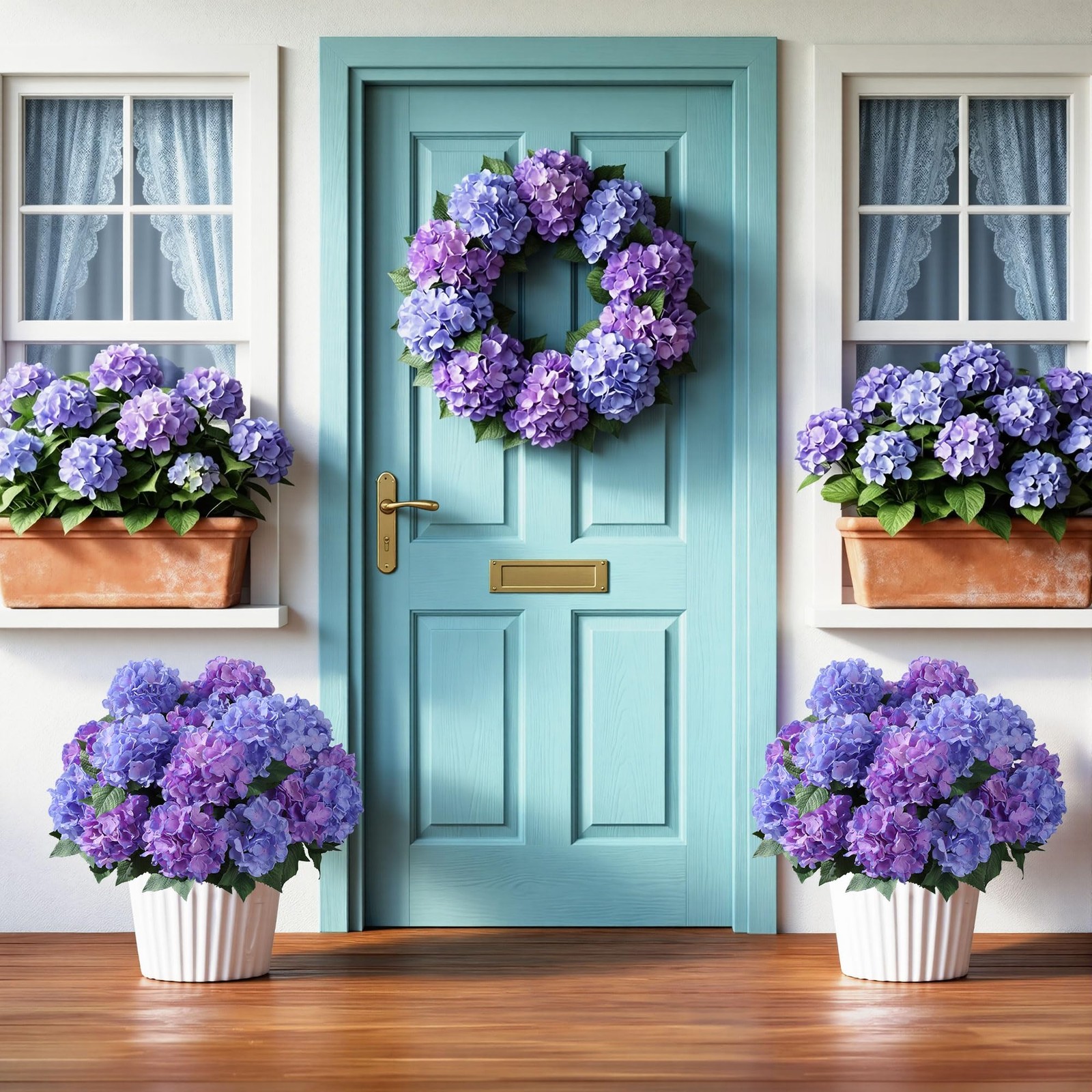 Artificial Flowers for Outdoors, 4 PCS Purple Blue Fake Silk Hydrangea Flower…