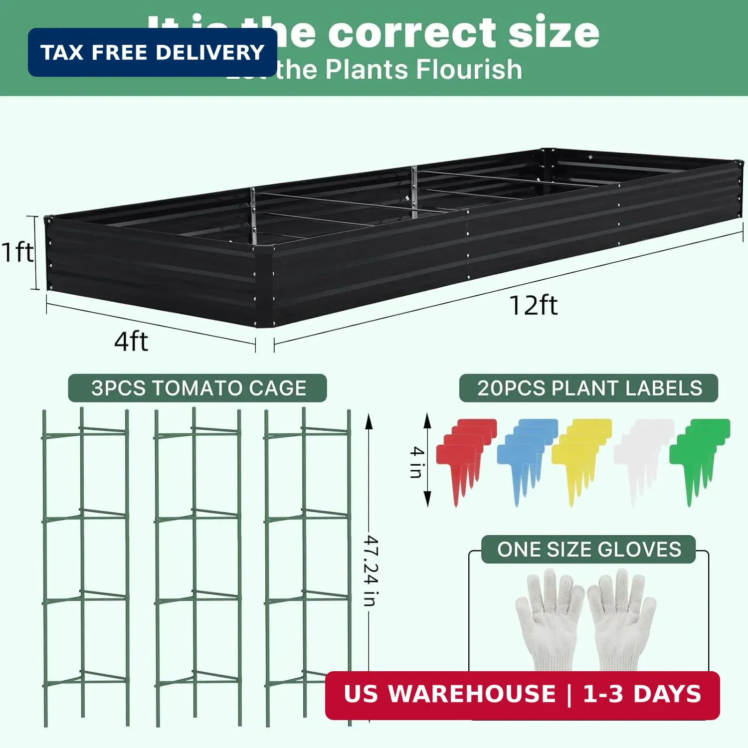 12×4×1ft Galvanized Metal Raised Garden Bed, Metal Planter Kit Box Outdoor for D
