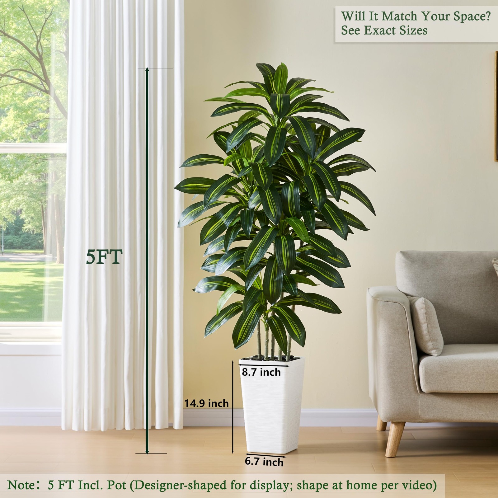 TNGGNT Artificial Dracaena Tree：5FT Faux Silk 5FT, Dark Green – White Pot