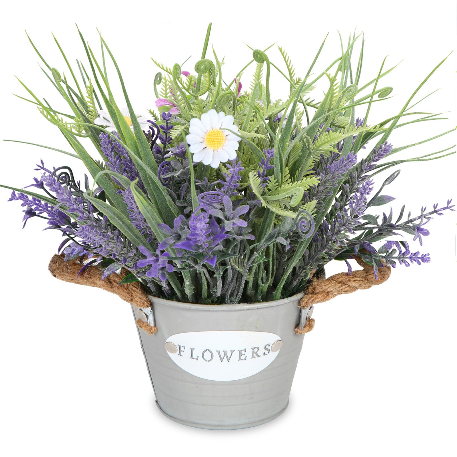 Artificial Lavender Plant 10″ Purple Flowers with White Daisy in Galvanized P…
