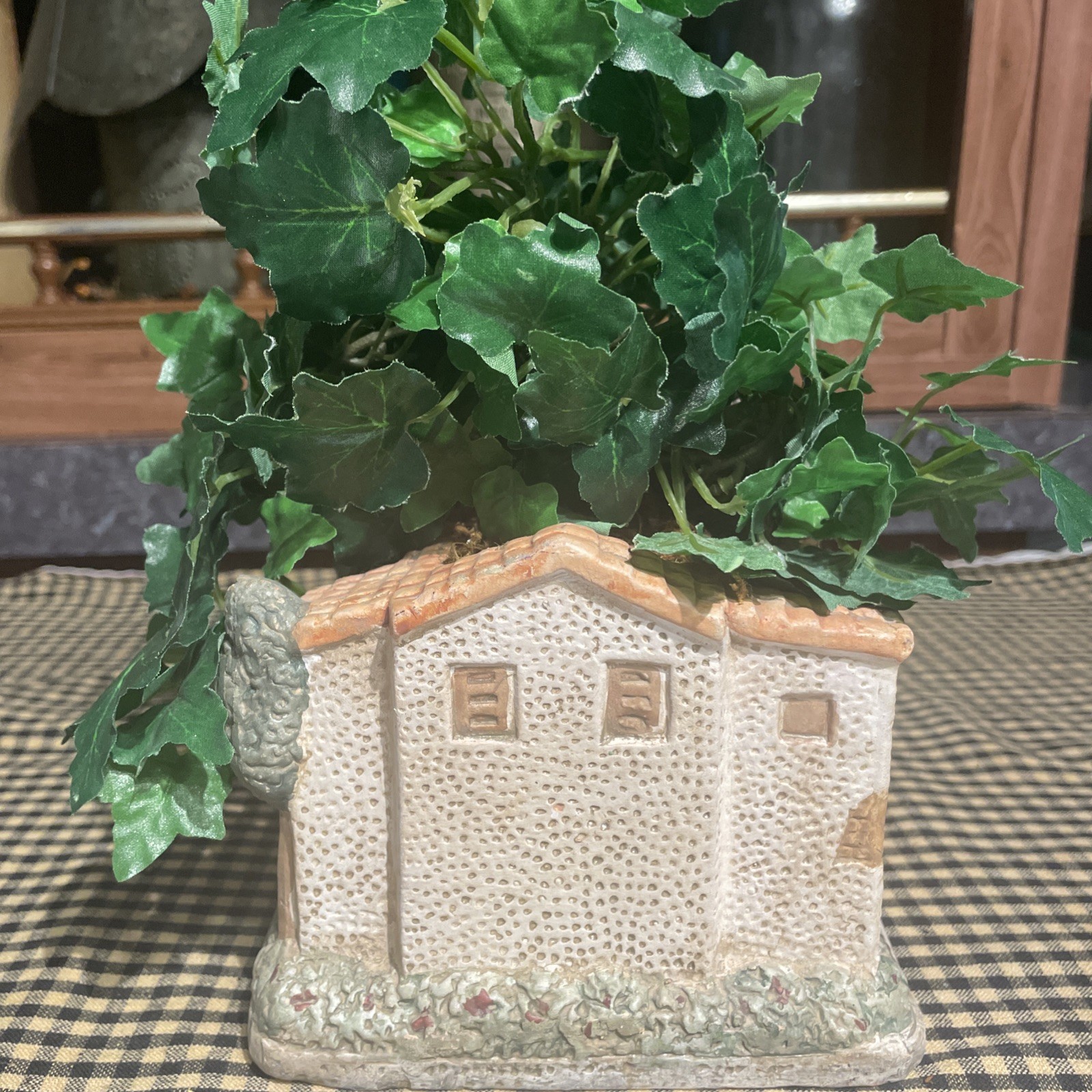 Unique Hand painted Terracotta House With Fake Plant On Top