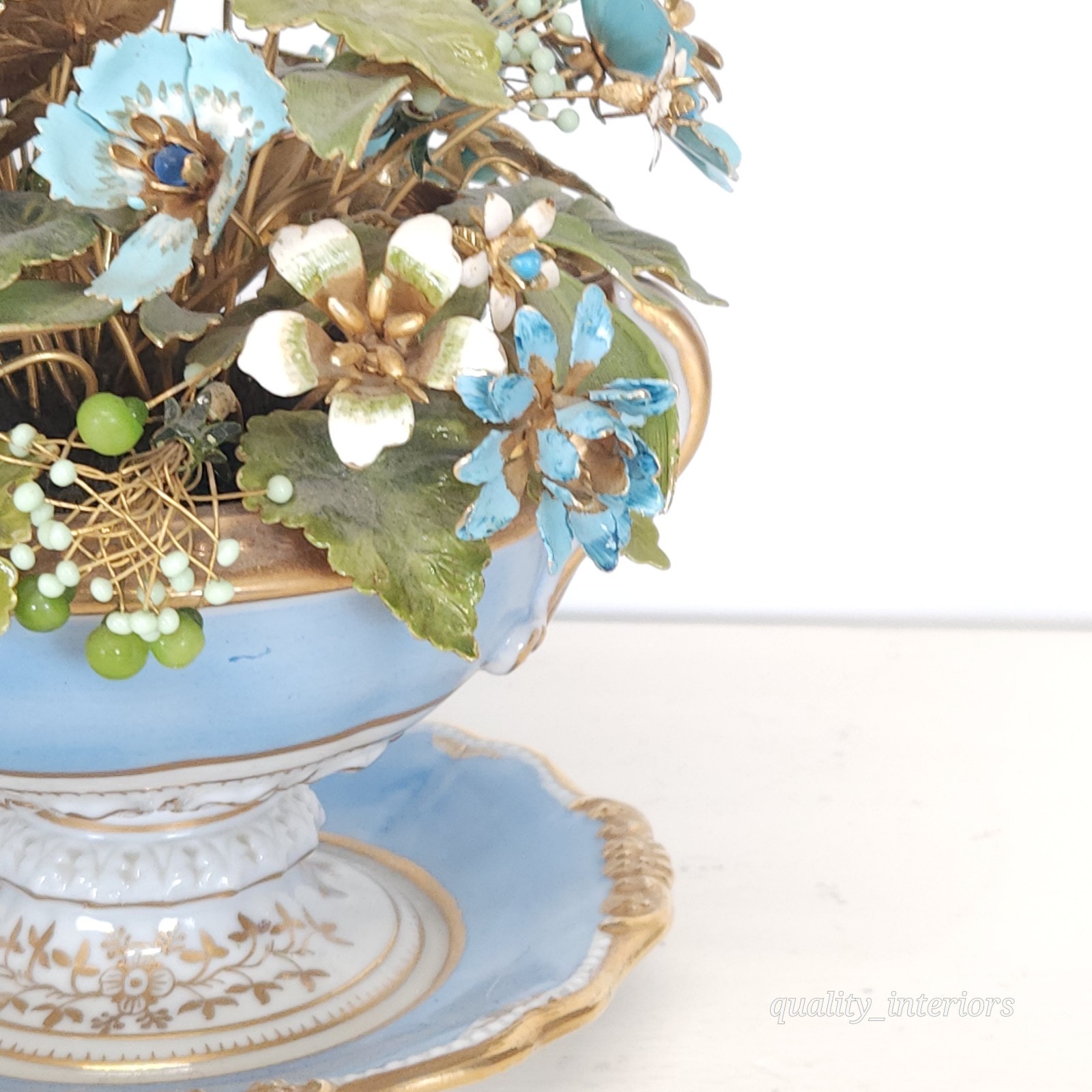 Pair Jane Hutcheson for Gorham Blue 2 Handled Teacup & Saucer Floral Arrangement
