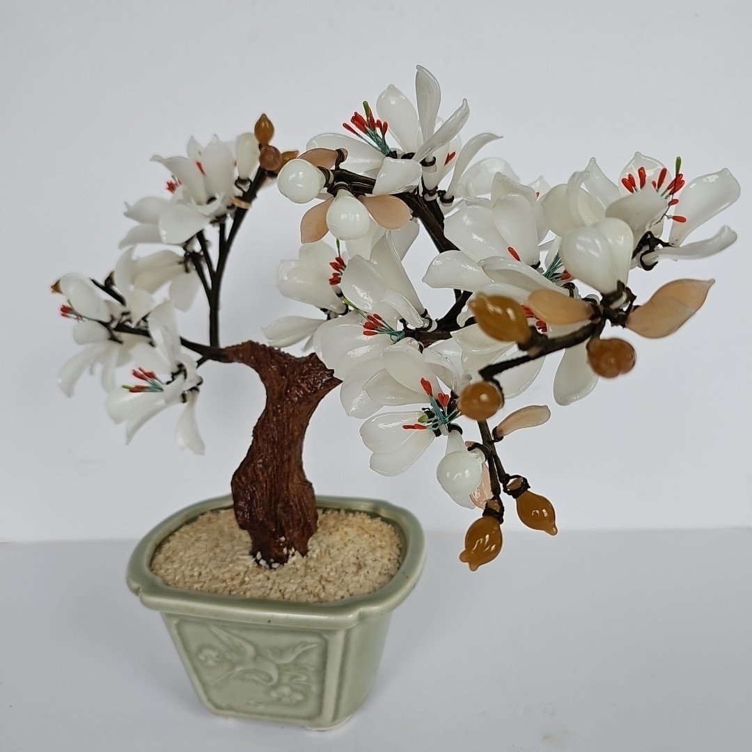 14″ Vintage Bonsai Tree Glass White Flower Blossom in Celadon Pot Handmade 1697