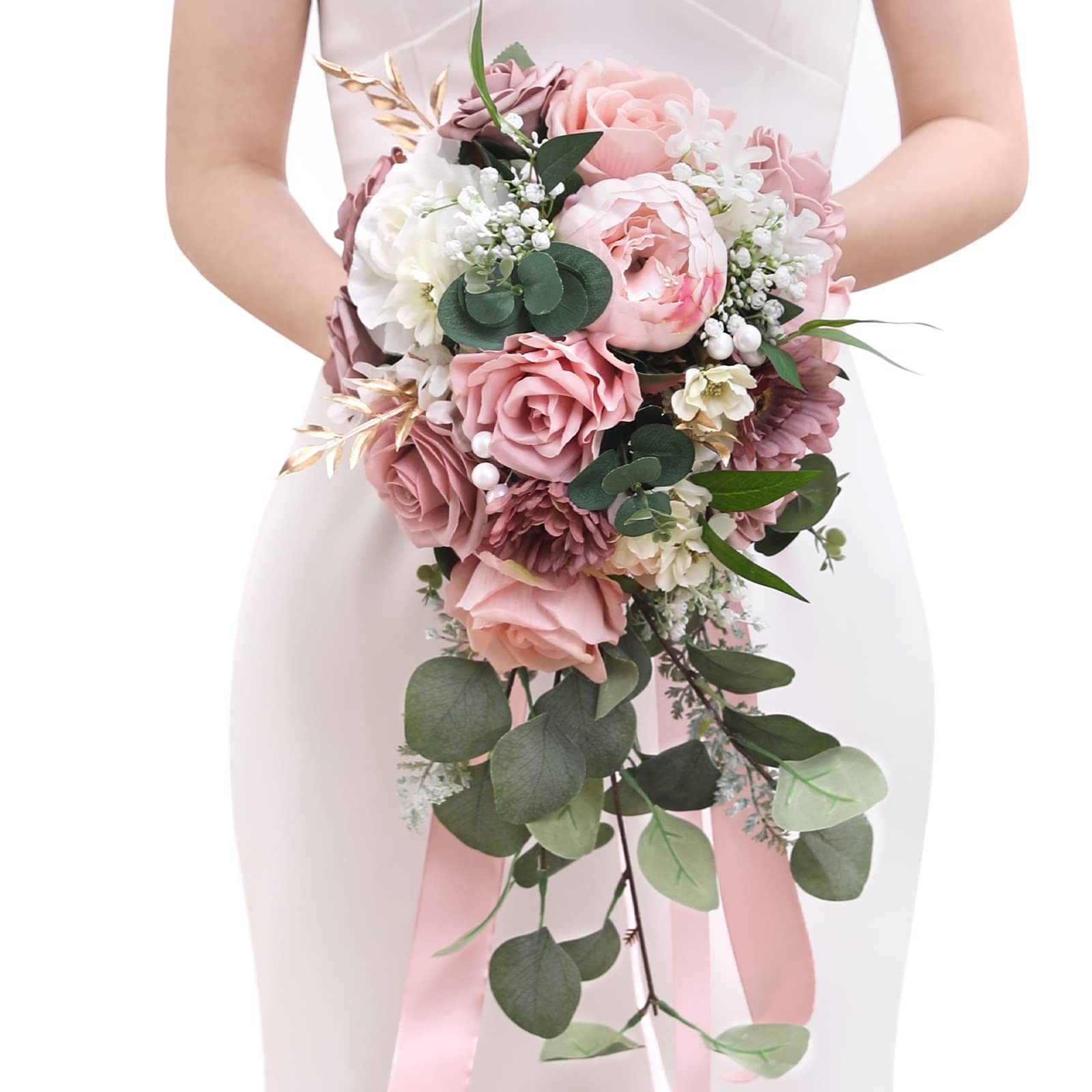 9.8 Inch Wedding Bouquets for Bride Bridesmaid, Dusty Pink Peonies Bridal Bou…