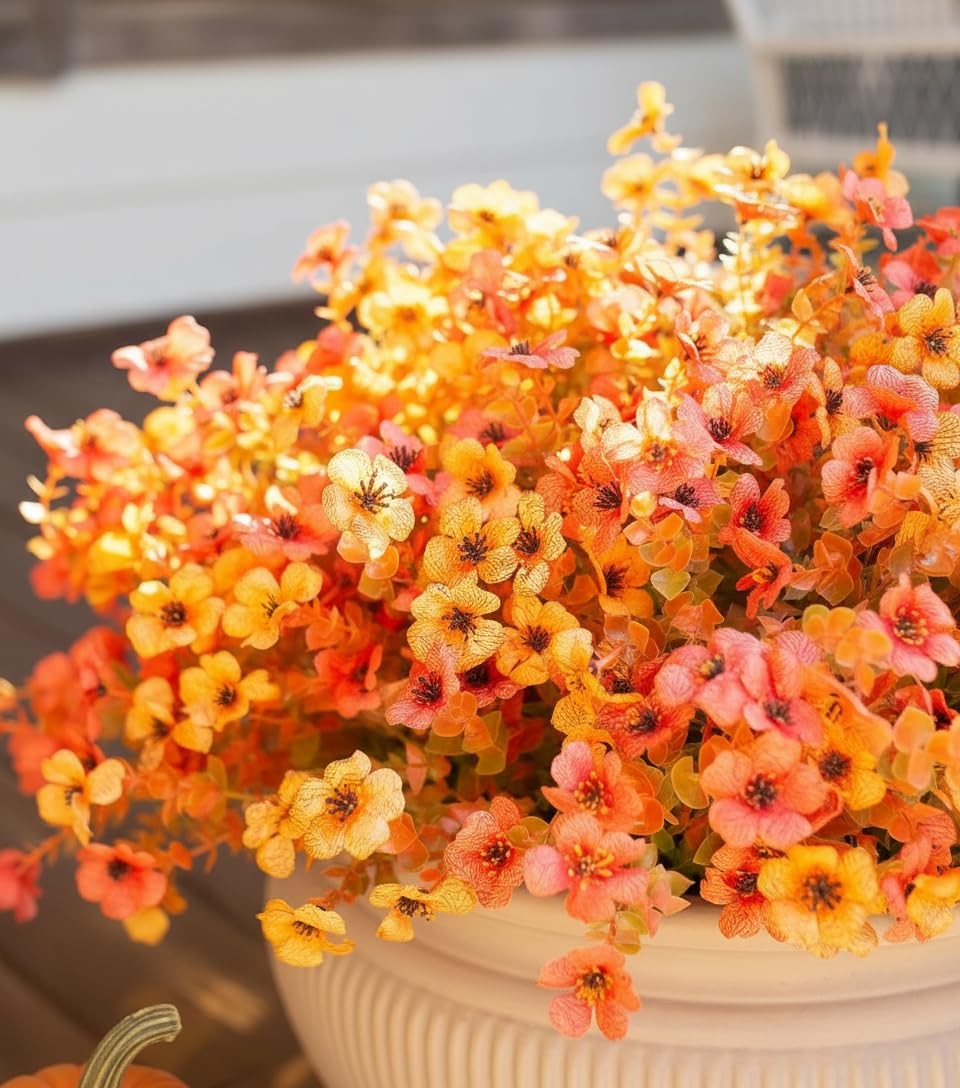 Fall Flowers Artificial Mums UV Resistant Silk Fake Daisy with Eucalyptus Leaves