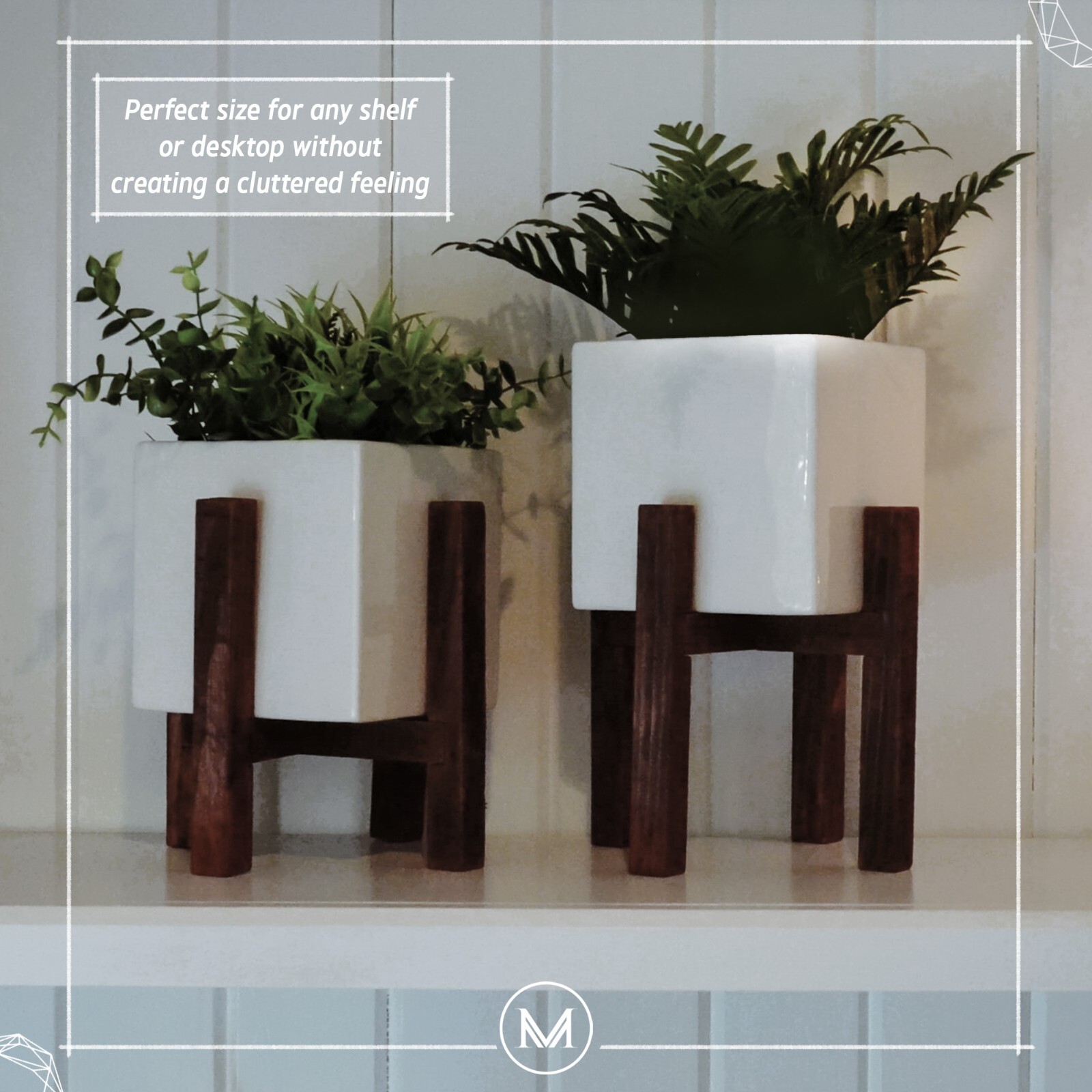 Modern Square Indoor Plant Pot with Stand Included 5″ white pot with drainage