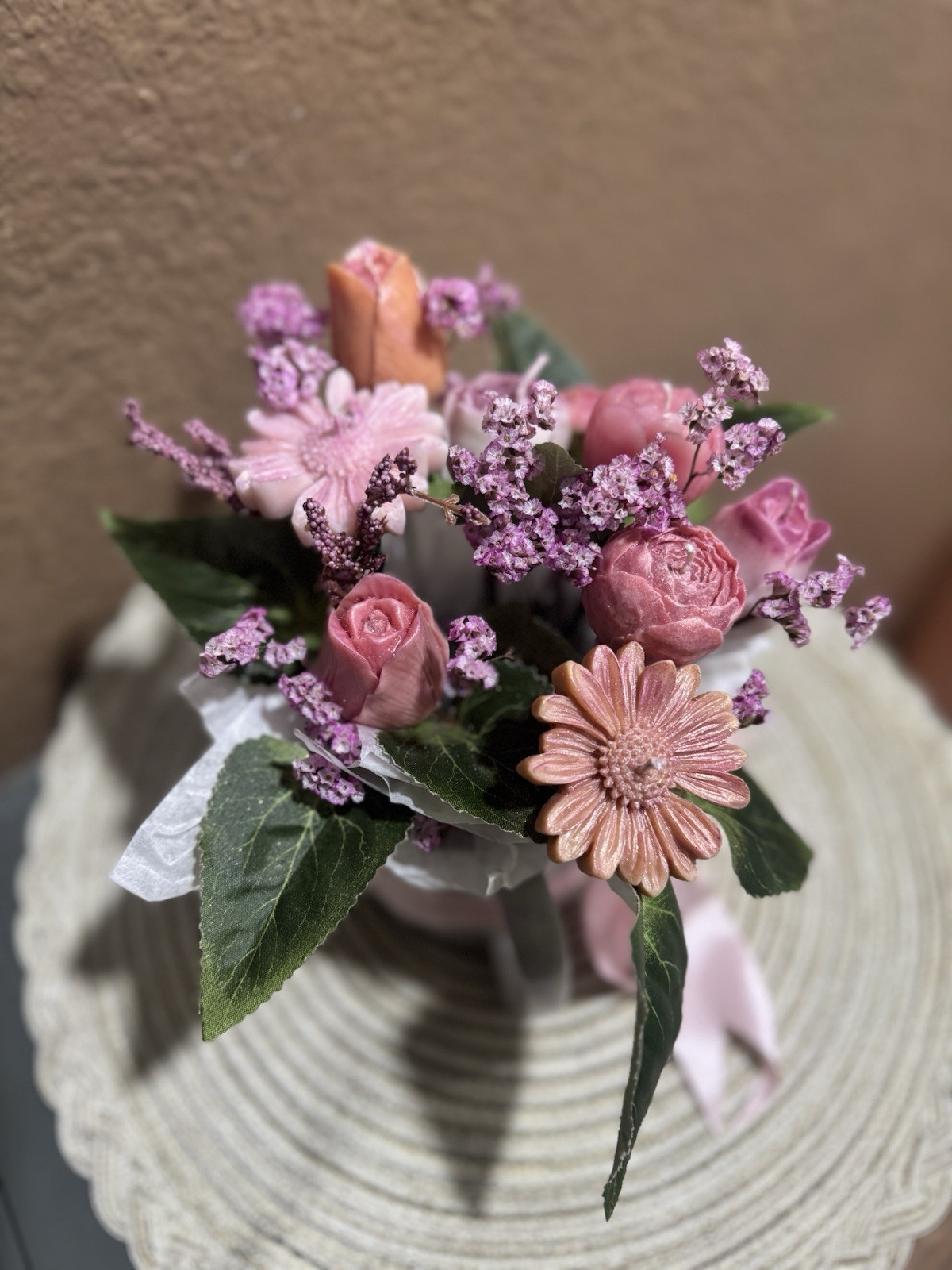 Pink & Purple Rose Gerbera Flower Arrangement Centerpiece in White Pot Ribbon