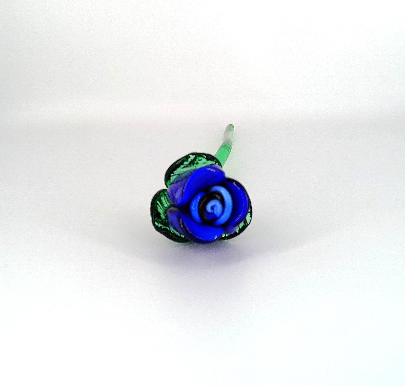 Vintage Murano Style Glass Blown Long Stem 13-3/4″ Blue Glass Rose