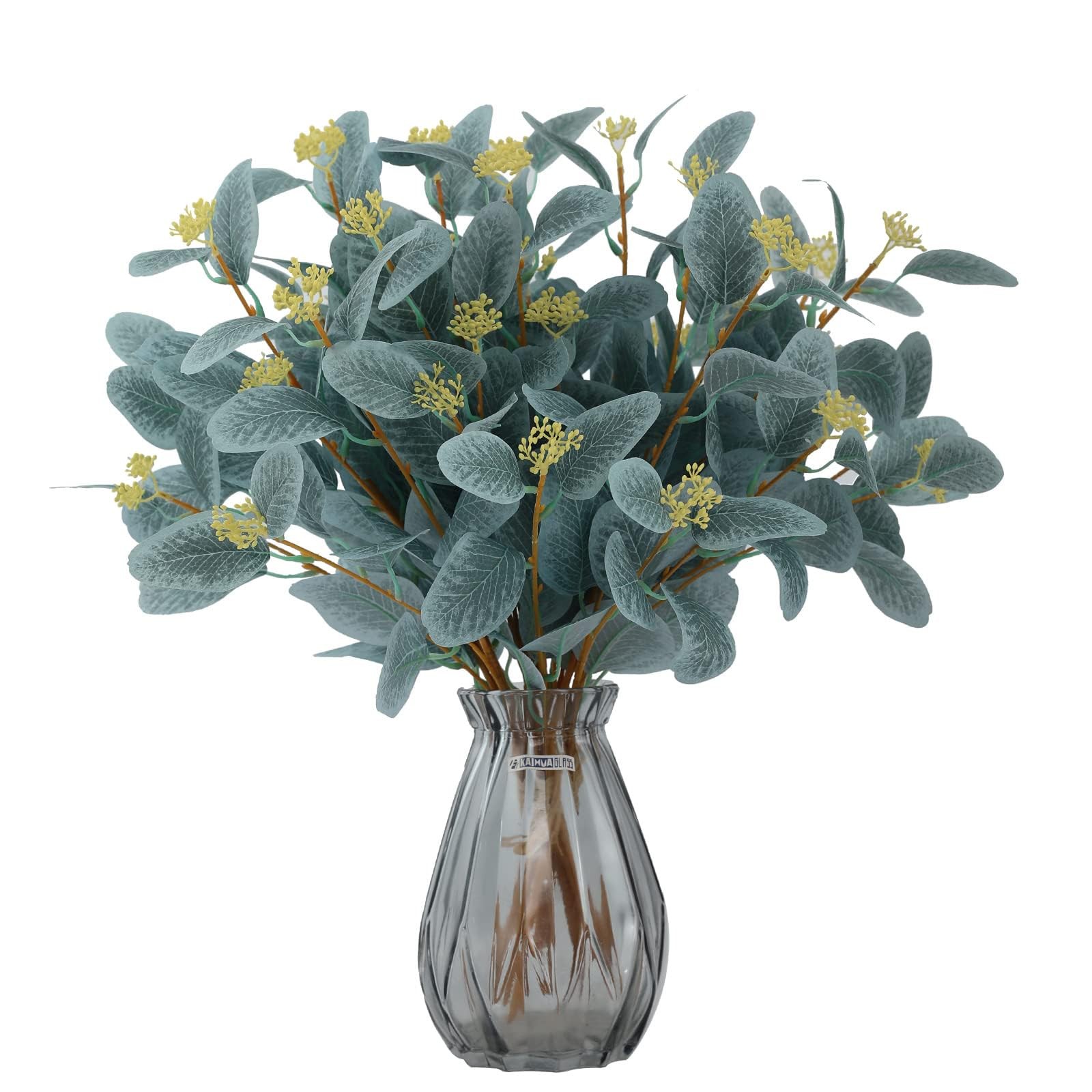 12Pcs Artificial Eucalyptus Stems, 20″ Faux Silk Leaves with Beige Berries Sk…
