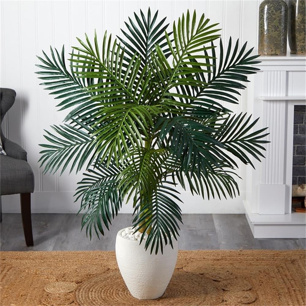 Pemberly Row 54″ Golden Cane Palm Artificial Tree in White Oval Planter
