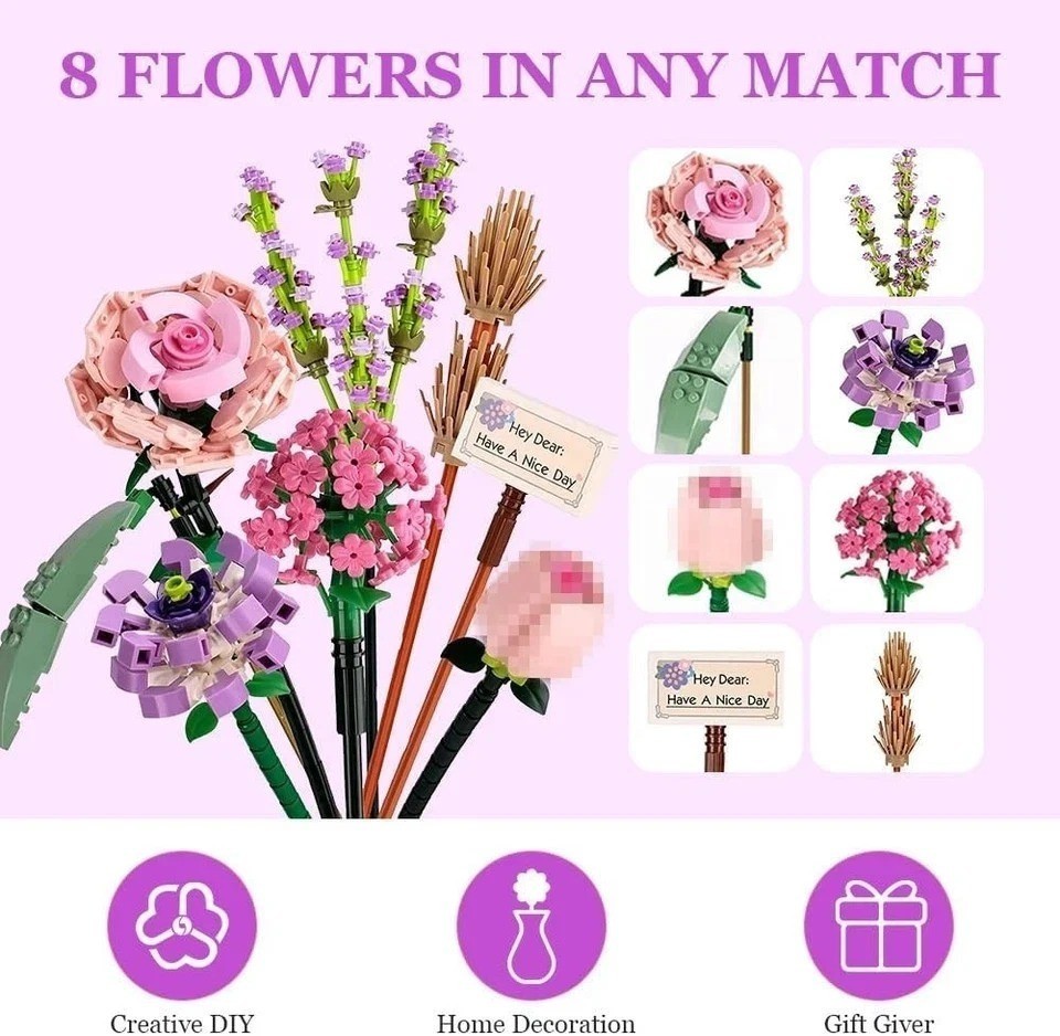 NEW!FULL SET Flower Bouquet 7 Stems Building Kit Botanical Collection 547 pieces